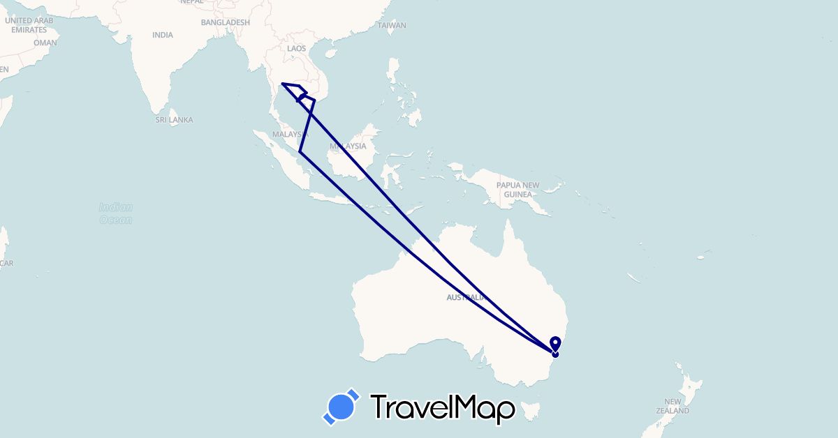 TravelMap itinerary: driving in Australia, Cambodia, Singapore, Thailand, Vietnam (Asia, Oceania)